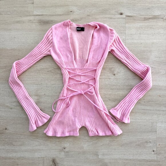 Pink Romper Playsuit Sweater Plunge Neckline Knit Small - Picture 6 of 6